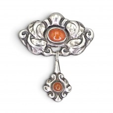 Broșă Art Nouveau scandinavă - Skønvirke din argint și chihlimbar butterscotch | atelier Peter Christian Jensen | Danemarca cca. 1915 - 1920