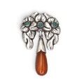 Broșă Skønvirke din argint 826 decorată cu onix verde și chihlimbar natural | Danemarca cca. 1900 - 1915