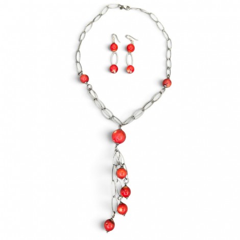 Set de bijuterii statement din argint și coral natural Bamboo, compus din colier lariat și pereche de cercei | atelier italian - preloved