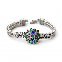 Brățară etnică thailandeză manufacturată în argint și email cloisonne în stil Chiang Mai | preloved