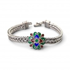 Brățară etnică thailandeză manufacturată în argint și email cloisonne în stil Chiang Mai | preloved