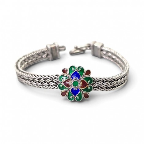 Brățară etnică thailandeză manufacturată în argint și email cloisonne în stil Chiang Mai | preloved