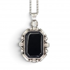 Colier lung cu pandant statement antique Art Deco din argint și onix negru natural | cca. 1925 - 1935