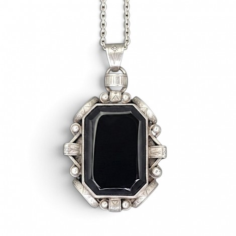 Colier lung cu pandant statement antique Art Deco din argint și onix negru natural | cca. 1925 - 1935