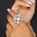 Opulent inel cocktail din argint, decorat cu perlă naturală de cultură și cristale cz | atelier napoletan | preloved cca. 1990 - 2000