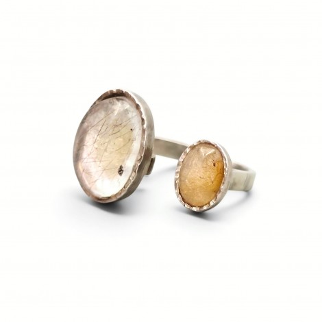Inel statement modernist manufacturat în argint și cuarț rutilat | Studio Jewelry cca. 1960 - 1970 