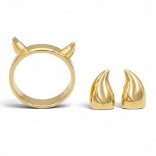 Inedit set de bijuterii Nasty Horns din argint placat cu aur galben | cercei stud și inel | design minimalist contemporan | new old stock