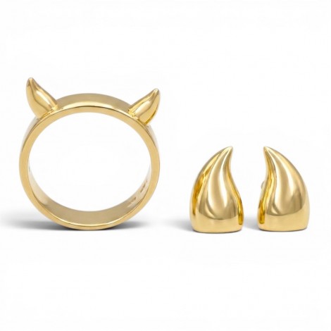Inedit set de bijuterii Nasty Horns din argint placat cu aur galben | cercei stud și inel | design minimalist contemporan | new old stock