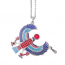 Colier sautoir din argint accesorizat cu pandant statement Horus - Egyptian Revival manufacturat în argint masiv și email policrom | atelier egiptean cca.1990