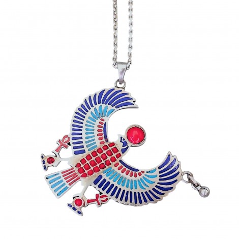 Colier sautoir din argint accesorizat cu pandant statement Horus - Egyptian Revival manufacturat în argint masiv și email policrom | atelier egiptean cca.1990