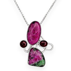Colier statement din argint, accesorizat cu un spectaculos pandant artizanal Studio Jewelry, manufacturat în argint cu rubin în zoisit și granate naturale | preloved