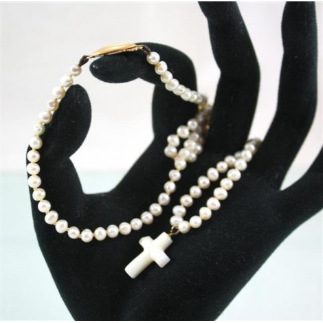 vechi colier religios: perle naturale SEED PEARLS. aur 18 k. cruce mother of pearl