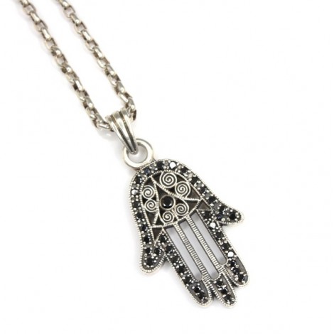 colier indonezian cu amuleta Hamsa - Abhaya Mudra - argint si spinel