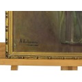 pictura Falcoianu Alexandrina ( Lili ) 1869-1951 - Glastra cu flori de primavara - interbelica