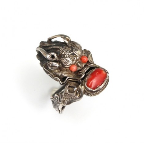 RAR: Vechi inel chinezesc - Dragon Imperial - argint si coral antic - cca 1900