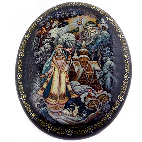 Casetă pentru bijuterii - Snegurochka - papier mâché & lacquer - Kholui - semnată Zhukov - Rusia