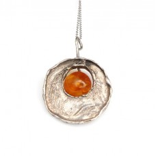 Colier cu pandant statement brutalist - argint & chihlimbar - Danemarca cca. 1950