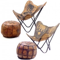 Garnitură Mid-Century de scaune safari & tabureți - piele naturală - cca.1950