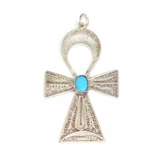 Impozantă amuletă egipteană | ANKH  | argint filigranat & turcoaz faux - cca.1930