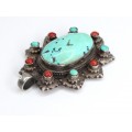 Impresionantă amuletă tibetană | Padma | argint, turcoaze & coral | Nepal