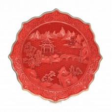 Superb platou decorativ chinezesc | alamă, lacquer & cinabru sculptat | cca.1970