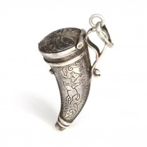 Veche amuletă locket, scandinavă | Corn vânătoresc | manufactură în argint | Danemarca