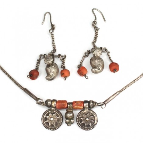 Vechi set bijuterii tribale Banjara | argint & coral natural | India cca.1900