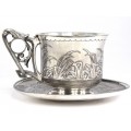 Impresionantă garnitură solitaire, Japonism - Art Nouveau, pentru servirea ceaiului | metal argintat | Franța. cca.1890
