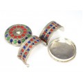Veche casetă pentru bijuterii & brățară berberă | cupru argintat și emailat | Maroc
