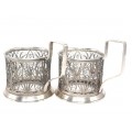 Pereche de suporturi Podstakannik, pentru pahare de ceai | melchior filigranat și argintat | cca.1960 Rusia