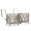 Pereche de suporturi Podstakannik, pentru pahare de ceai | melchior filigranat și argintat | cca.1960 Rusia