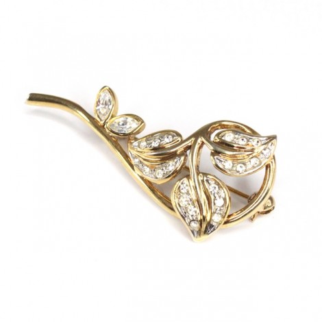 Elegantă broșă naturalistă | argint aurit & cristale Swarovski | Italia anii '70
