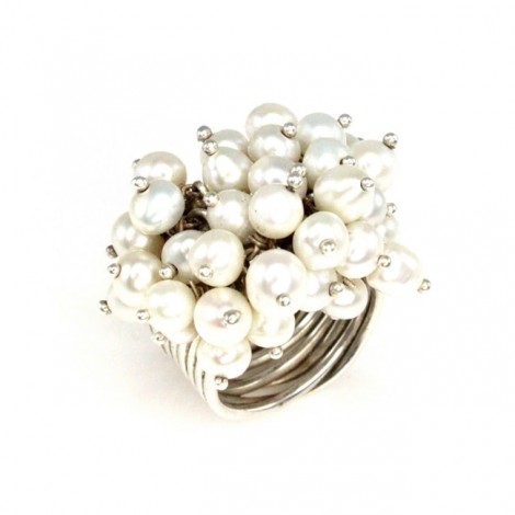Impresionant inel statement decorat cu perle naturale de cultură | manufactură în argint | Franța