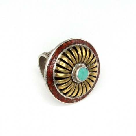 Opulent inel tribal indian | argint, alamă, turcoaz și coral | manufactură unicat | sec.XX