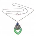 Colier cu amuletă romantică indoneziană | manufactură în argint, lapis lazuli natural & jad faux 