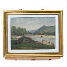 Pictură în ulei pe pânză, "Peisaj cu râu" - Bușteni, autor Bedivan Petre, cca. 1960 Pictură în ulei pe pânză, "Peisaj cu râu" - Bușteni, autor Bedivan Petre, cca. 1960