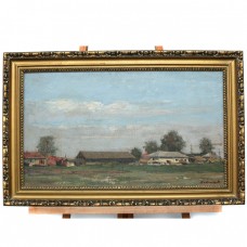 Pictură Bedivan Petre, "Peisaj la țară" - Cadrilater, ulei pe pânză, cca. 1956 Pictură Bedivan Petre, "Peisaj la țară" - Cadrilater, ulei pe pânză, cca. 1956