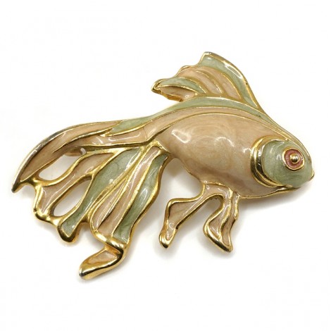 Broșă vintage | Pește exotic | metal placat cu aur și emailat cloisonné | anii '70 | Franța