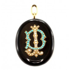 Impresionant pandant locket victorian din onix și aur 18k decorat cu turcoaze naturale și perle seed | cca. 1870 | Marea Britanie Impresionant pandant locket victorian din onix și aur 18k decorat cu turcoaze naturale și perle seed | cca. 1870 | Marea Britanie