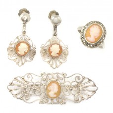 Vechi set de bijuterii filigranate în argint & camee naturale | 1920 -1930 | Italia  Vechi set de bijuterii filigranate în argint & camee naturale | 1920 -1930 | Italia