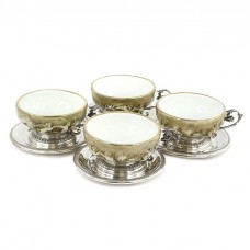Rafinată garnitură de cești demitasse pentru cafea | argint & portelan majolica Capodimonte | Italia | cca.1950 Rafinată garnitură de cești demitasse pentru cafea | argint & portelan majolica Capodimonte | Italia | cca.1950