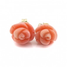 Cercei din aur decorați cu trandafiri sculptați în coral natural roz-somon | Italia | 1950 -1960 Cercei din aur decorați cu trandafiri sculptați în coral natural roz-somon | Italia | 1950 -1960