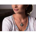 Veche amuletă mandala tibetană | argint, turcoaz himalayan și coral natural | Nepal | prima jumătate a secolului XX 