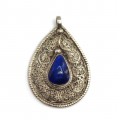 Amuletă hindusă decorată prin filigranare cu motive Shankha | argint & lapis afgan | India