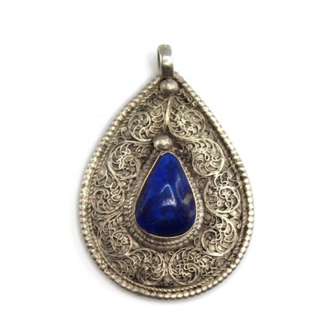 Amuletă hindusă decorată prin filigranare cu motive Shankha | argint & lapis afgan | India