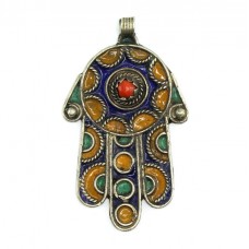 Veche amuletă Hamsa | argint emailat & coral faux | Maroc Veche amuletă Hamsa | argint emailat & coral faux | Maroc
