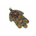 Veche amuletă Hamsa | argint emailat & coral faux | Maroc