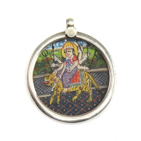 Veche amuletă hindusă Durga | argint & pictură manuală | India - British Raj