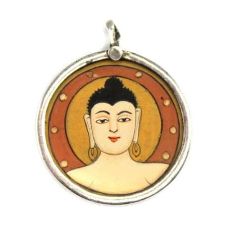  Veche amuletă Gaudama Buddha | argint & pictură manuală | India - British Raj