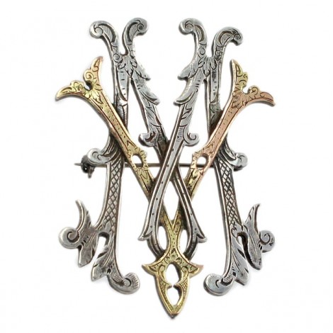 Broșă victoriană stilizată sub forma unei monograme cu inițialele MV | argint vermeil | Franța